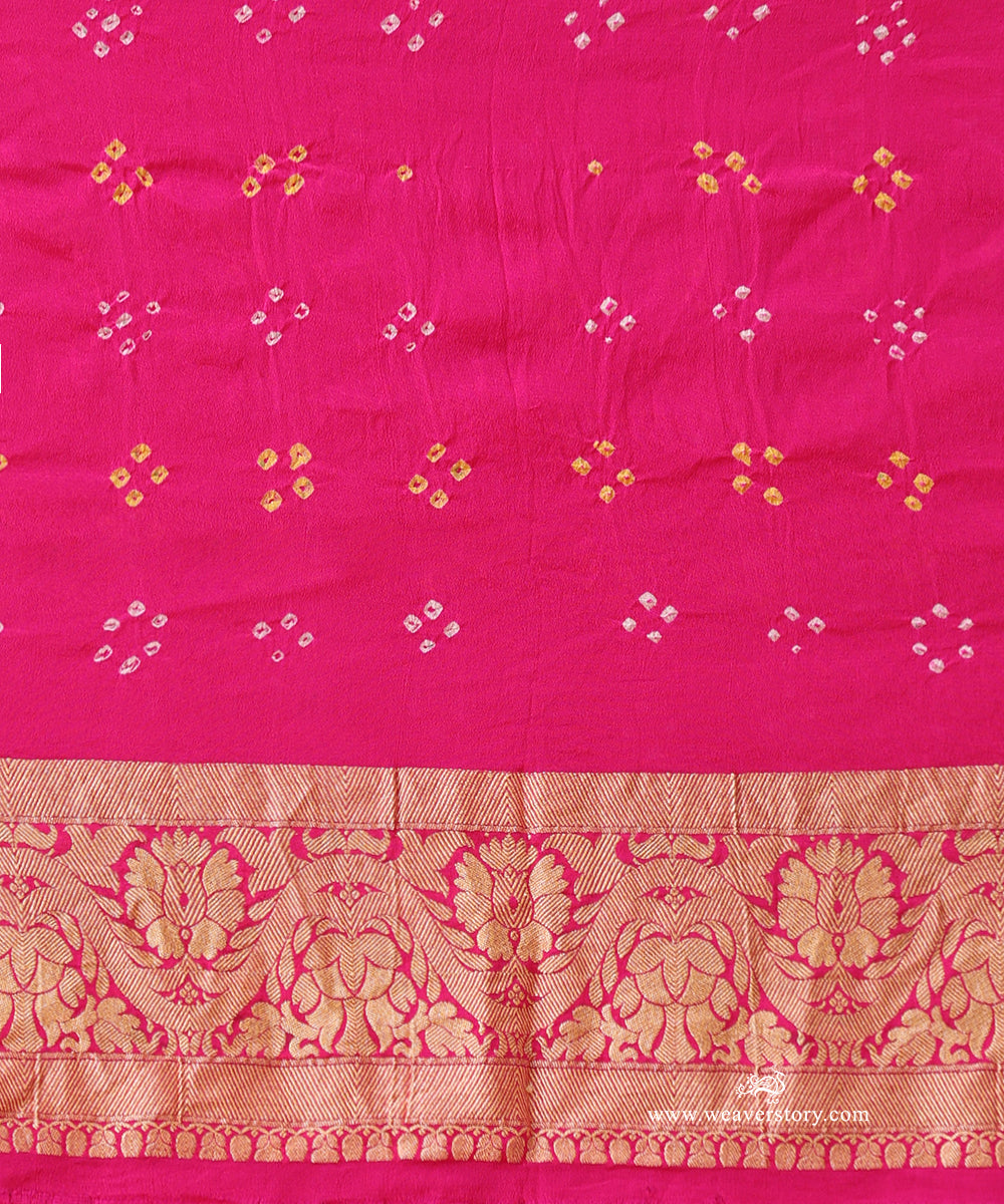 Pink_Handloom_Pure_Georgette_Banarasi_Bandhej_Saree_With_Sona_Zari_Border_WeaverStory_05