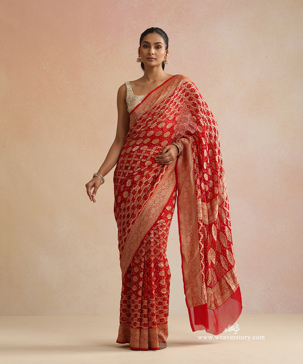 Tomato_Red_Handloom_Pure_Georgette_Banarasi_Bandhej_Saree_WeaverStory_01