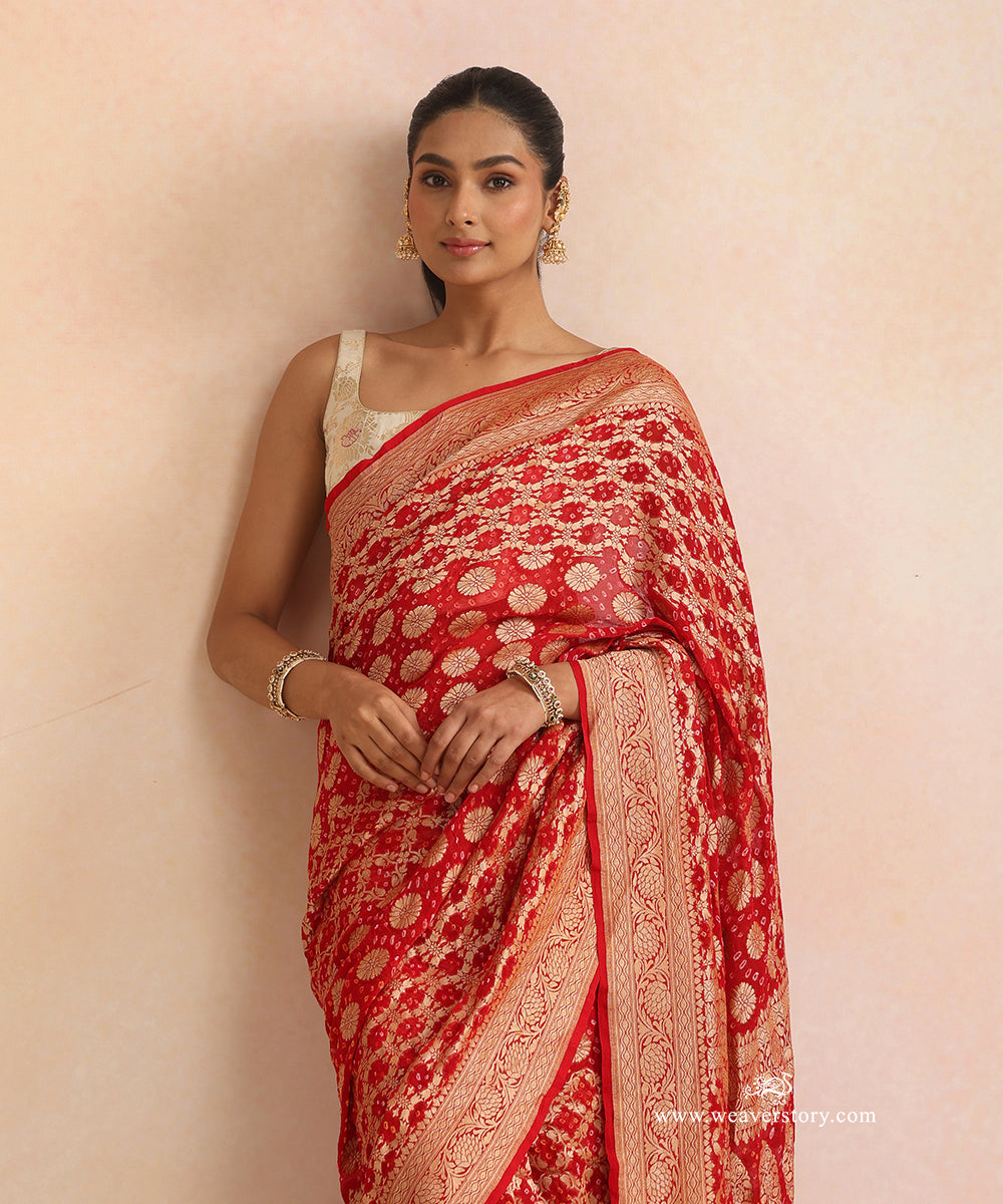Tomato_Red_Handloom_Pure_Georgette_Banarasi_Bandhej_Saree_WeaverStory_02