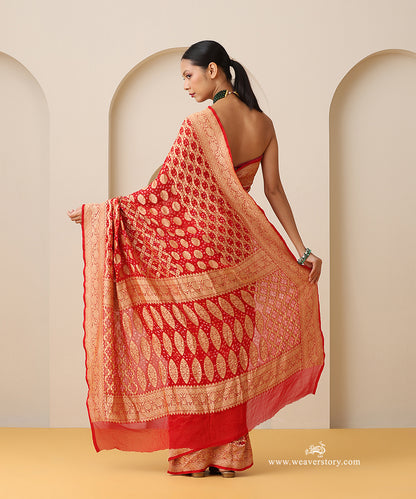 Tomato_Red_Handloom_Pure_Georgette_Banarasi_Bandhej_Saree_With_Sona_Zari_Pallu_WeaverStory_03