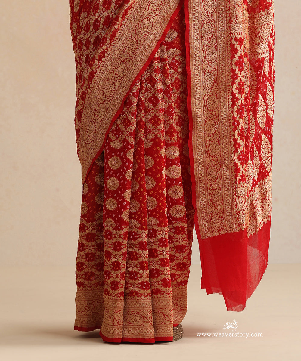Tomato_Red_Handloom_Pure_Georgette_Banarasi_Bandhej_Saree_WeaverStory_04