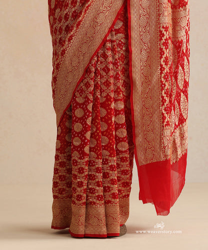 Tomato_Red_Handloom_Pure_Georgette_Banarasi_Bandhej_Saree_WeaverStory_04