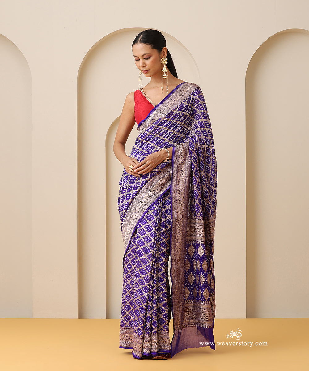 Ink_Blue_Red_Handloom_Pure_Georgette_Banarasi_Bandhej_Saree_With_Zari_Pallu_WeaverStory_01