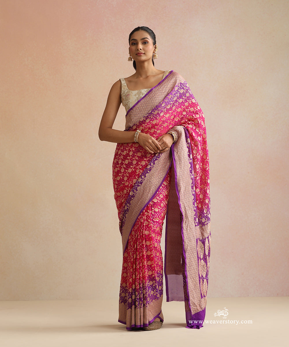 Pink_And_Purple_Shaded_Handloom_Pure_Georgette_Banarasi_Bandhej_Saree_With_Leaf_And_Floral_Jaal_WeaverStory_01
