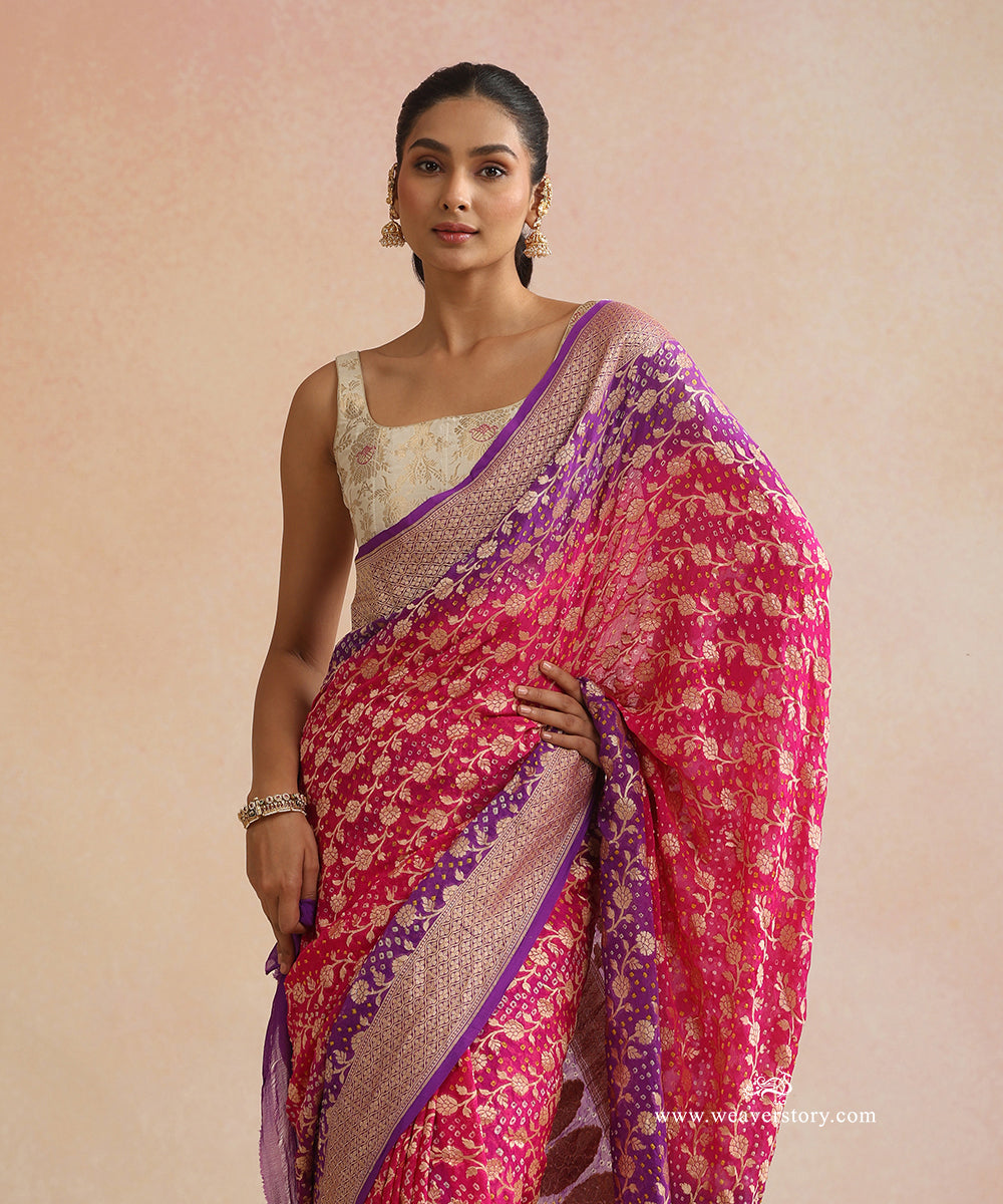 Pink_And_Purple_Shaded_Handloom_Pure_Georgette_Banarasi_Bandhej_Saree_With_Leaf_And_Floral_Jaal_WeaverStory_02