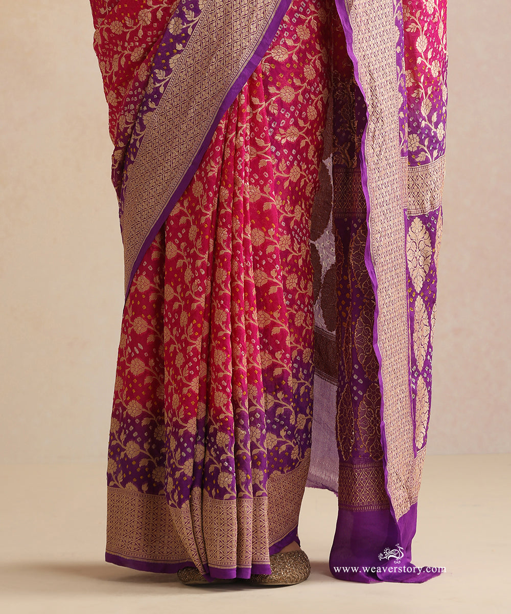 Pink_And_Purple_Shaded_Handloom_Pure_Georgette_Banarasi_Bandhej_Saree_With_Leaf_And_Floral_Jaal_WeaverStory_04