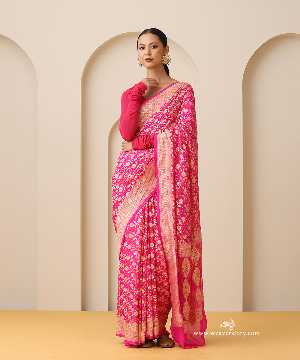 Pink_Handloom_Pure_Georgette_Banarasi_Bandhej_Saree_With_Leaf_And_Floral_Jall_WeaverStory_01