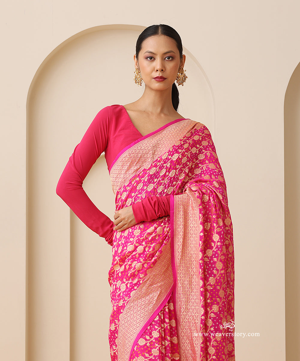 Pink_Handloom_Pure_Georgette_Banarasi_Bandhej_Saree_With_Leaf_And_Floral_Jall_WeaverStory_02