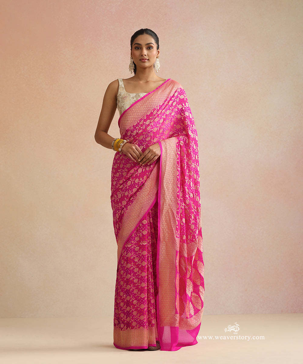 Pink_Handloom_Pure_Georgette_Banarasi_Bandhej_Saree_With_Floral_Jaal_WeaverStory_01