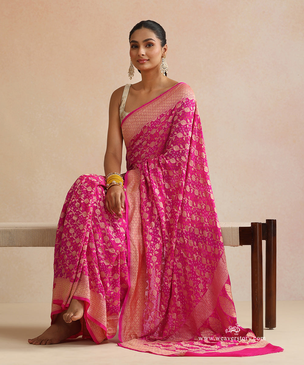 Pink_Handloom_Pure_Georgette_Banarasi_Bandhej_Saree_With_Floral_Jaal_WeaverStory_02
