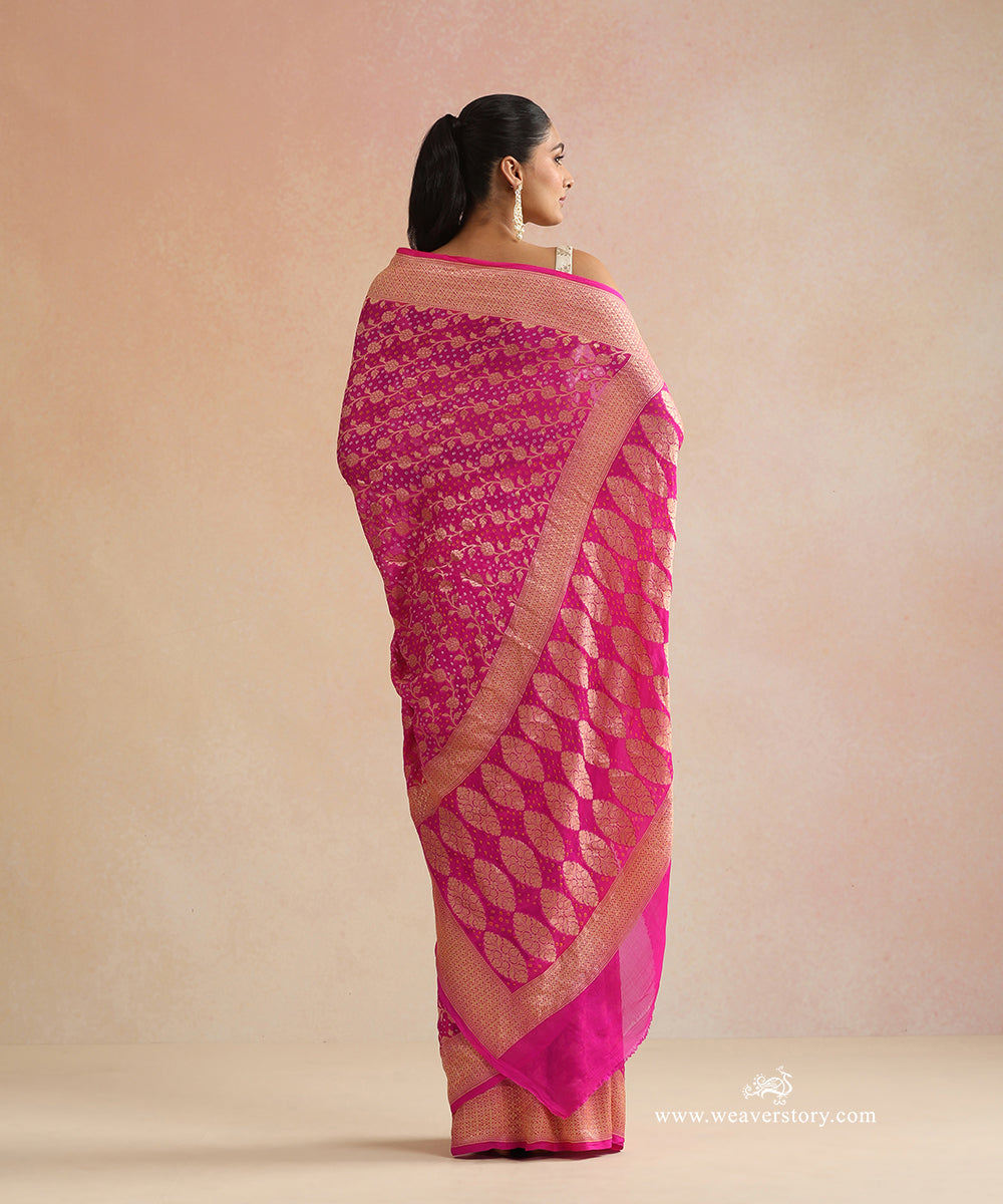 Pink_Handloom_Pure_Georgette_Banarasi_Bandhej_Saree_With_Floral_Jaal_WeaverStory_03