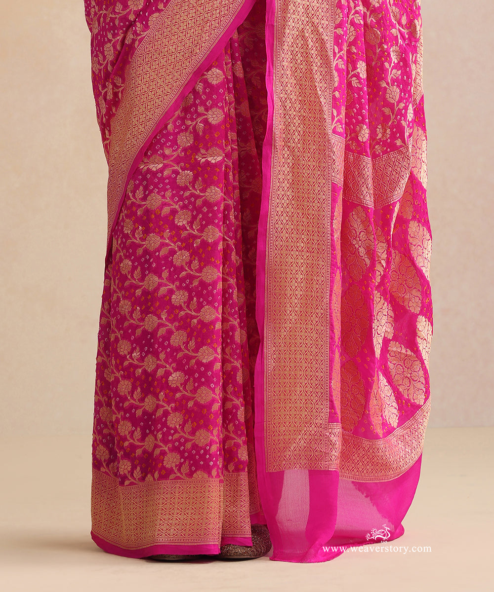 Pink_Handloom_Pure_Georgette_Banarasi_Bandhej_Saree_With_Floral_Jaal_WeaverStory_04