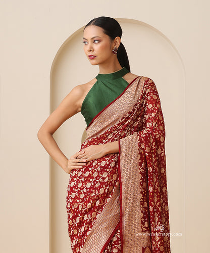Maroon_Handloom_Pure_Georgette_Banarasi_Bandhej_Saree_With_Leaf_And_Floral_Jaal_WeaverStory_02