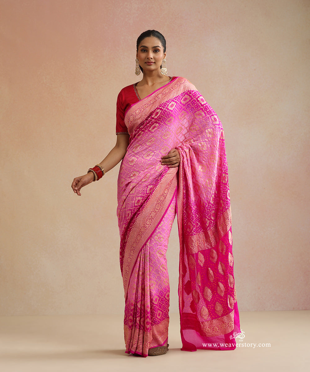 Rani_Pink_And_Baby_Pink_Shaded_Handloom_Pure_Georgette_Banarasi_Bandhej_Saree_WeaverStory_01