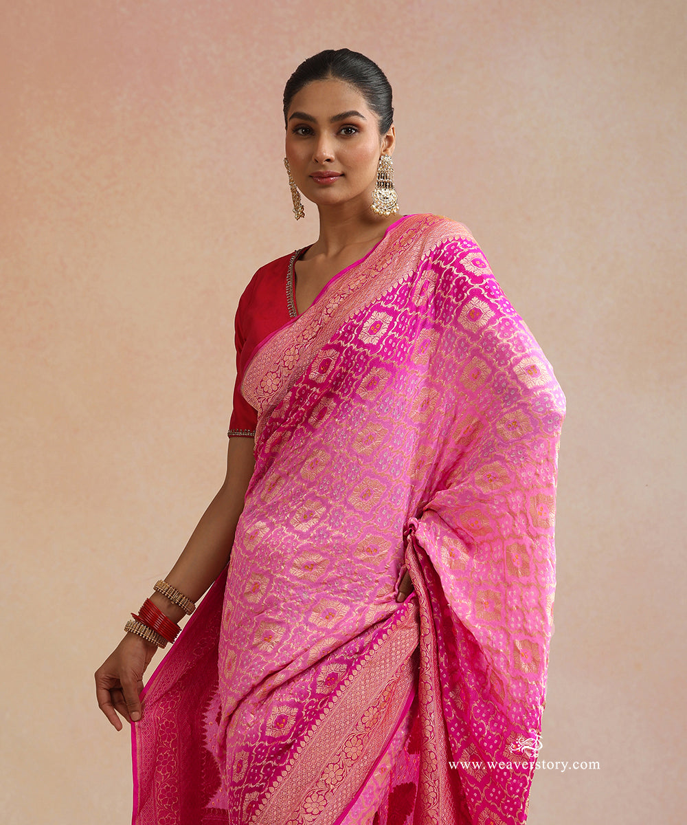 Rani_Pink_And_Baby_Pink_Shaded_Handloom_Pure_Georgette_Banarasi_Bandhej_Saree_WeaverStory_02