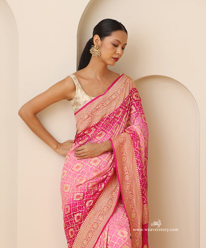 Rani_Pink_And_Baby_Pink_Shaded_Handloom_Pure_Georgette_Banarasi_Bandhej_Saree_With_Zari_Border_WeaverStory_02
