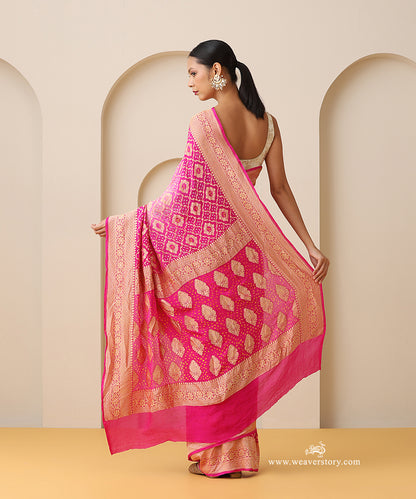 Rani_Pink_And_Baby_Pink_Shaded_Handloom_Pure_Georgette_Banarasi_Bandhej_Saree_With_Zari_Border_WeaverStory_03