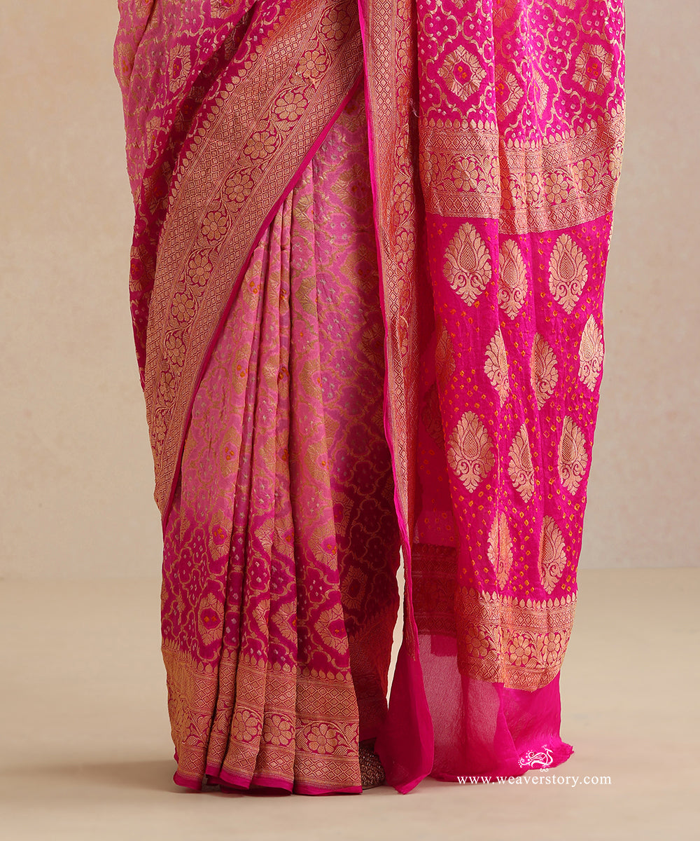 Rani_Pink_And_Baby_Pink_Shaded_Handloom_Pure_Georgette_Banarasi_Bandhej_Saree_WeaverStory_03