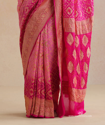 Rani_Pink_And_Baby_Pink_Shaded_Handloom_Pure_Georgette_Banarasi_Bandhej_Saree_WeaverStory_03