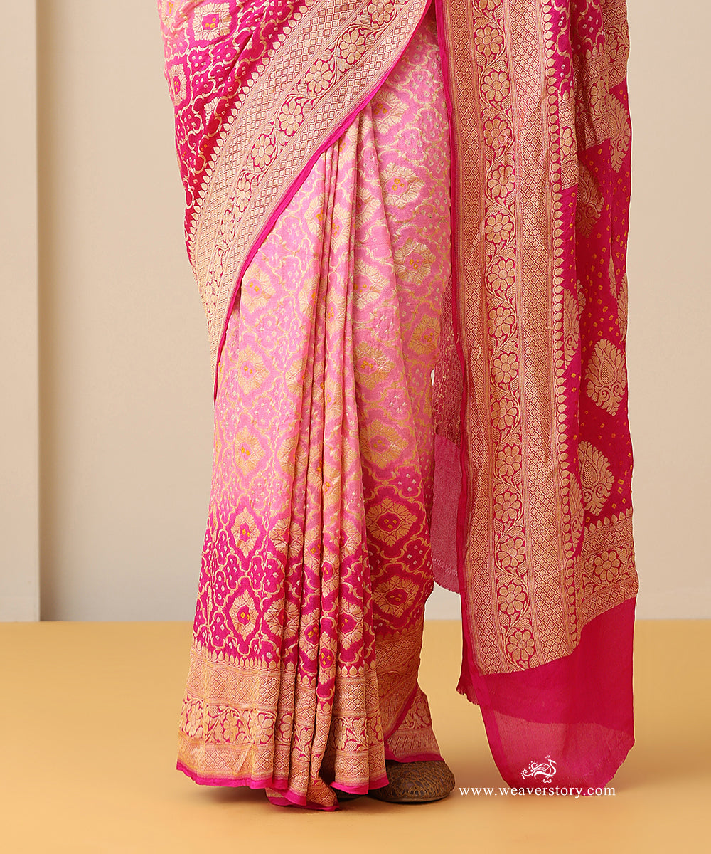 Rani_Pink_And_Baby_Pink_Shaded_Handloom_Pure_Georgette_Banarasi_Bandhej_Saree_With_Zari_Border_WeaverStory_04