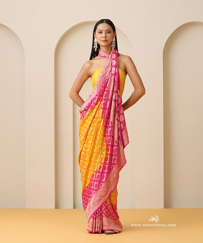 Pink_And_Yellow_Shaded_Handloom_Pure_Georgette_Banarasi_Bandhej_Saree_With_Zari_Border_WeaverStory_01