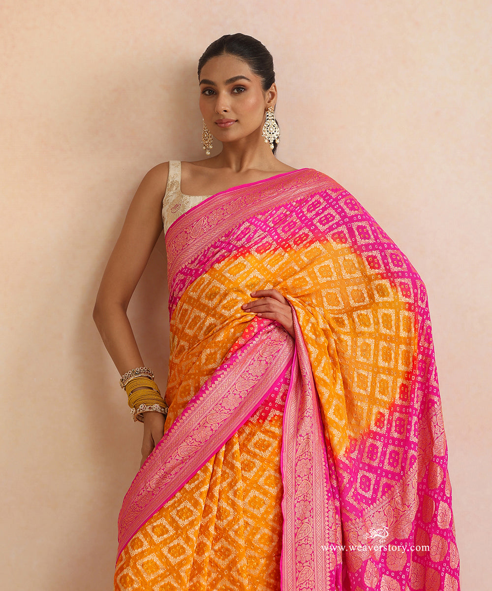 Pink_And_Yellow_Shaded_Handloom_Pure_Georgette_Banarasi_Bandhej_Saree_WeaverStory_02