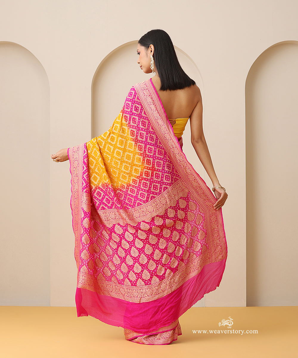 Pink_And_Yellow_Shaded_Handloom_Pure_Georgette_Banarasi_Bandhej_Saree_With_Zari_Border_WeaverStory_03