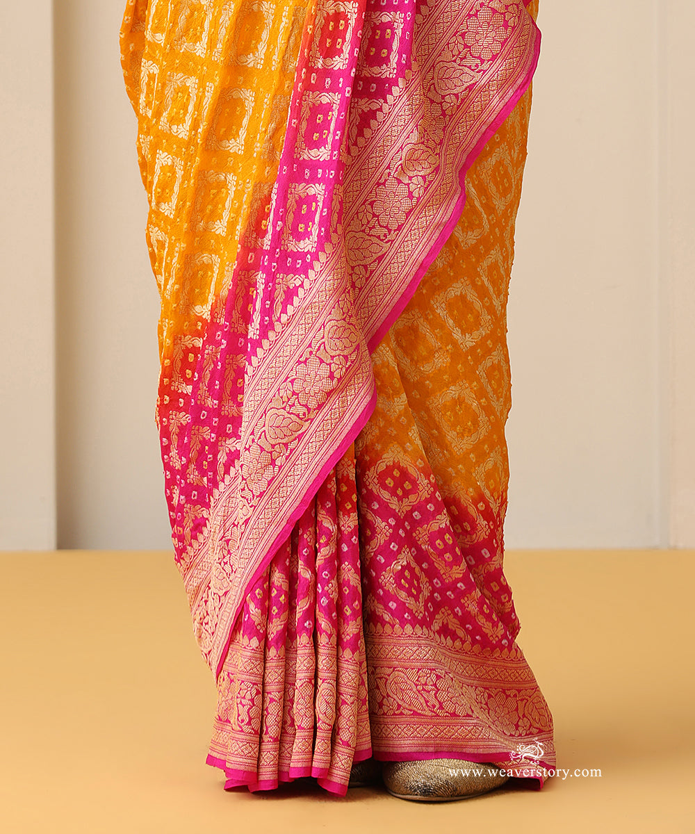 Pink_And_Yellow_Shaded_Handloom_Pure_Georgette_Banarasi_Bandhej_Saree_With_Zari_Border_WeaverStory_04