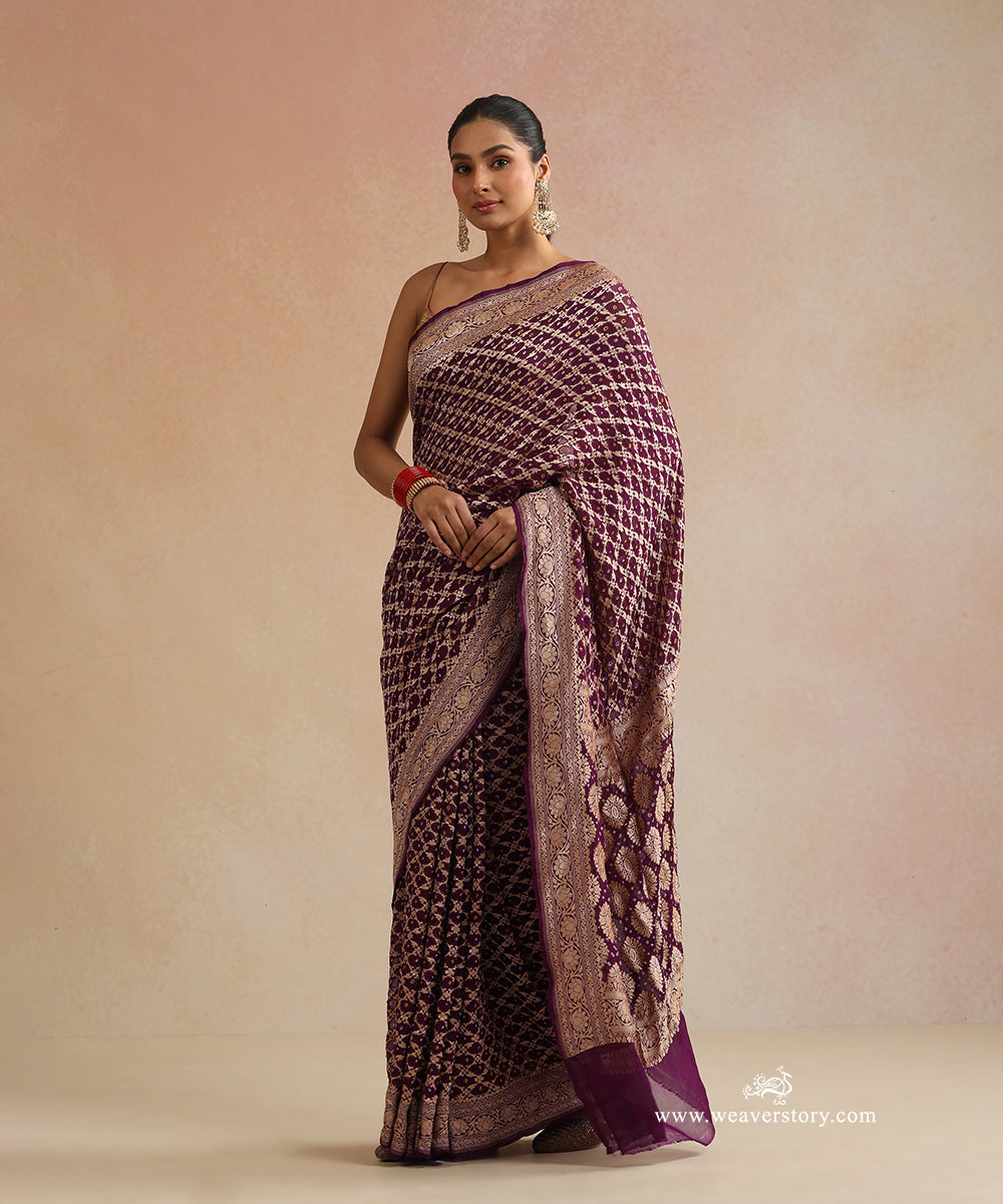 Wine_Handloom_Pure_Georgette_Banarasi_Bandhej_Saree_With_Floral_Checkered_Zari_WeaverStory_01