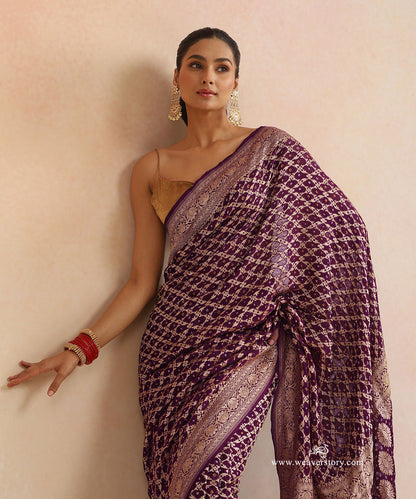 Wine_Handloom_Pure_Georgette_Banarasi_Bandhej_Saree_With_Floral_Checkered_Zari_WeaverStory_02