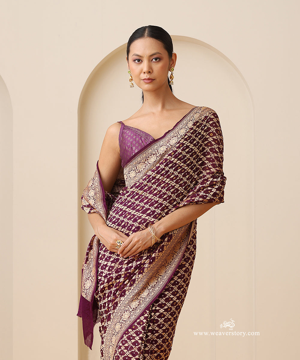 Wine_Handloom_Pure_Georgette_Banarasi_Bandhej_Saree_With_Zari_Motifs_WeaverStory_01