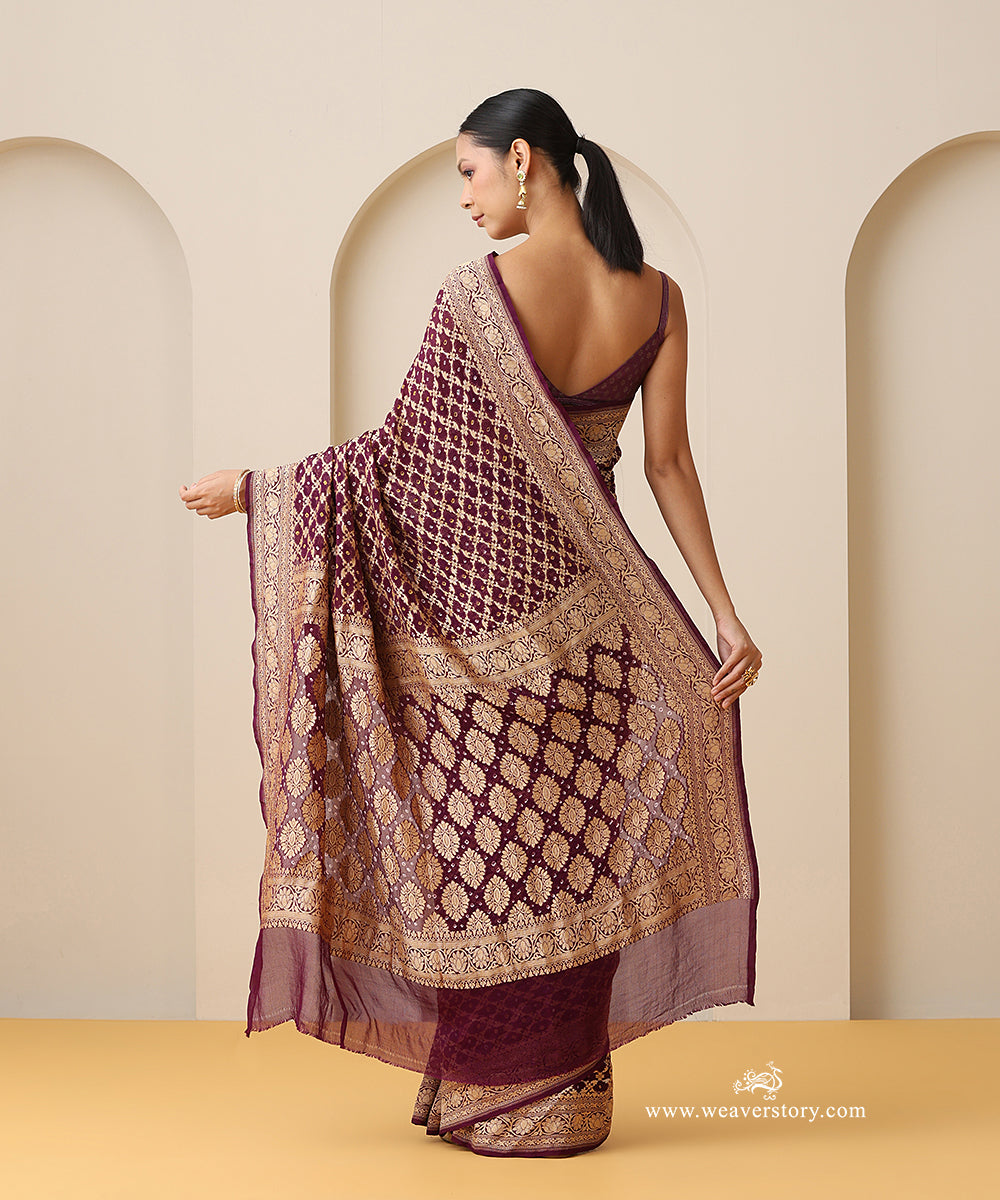 Wine_Handloom_Pure_Georgette_Banarasi_Bandhej_Saree_With_Zari_Motifs_WeaverStory_02