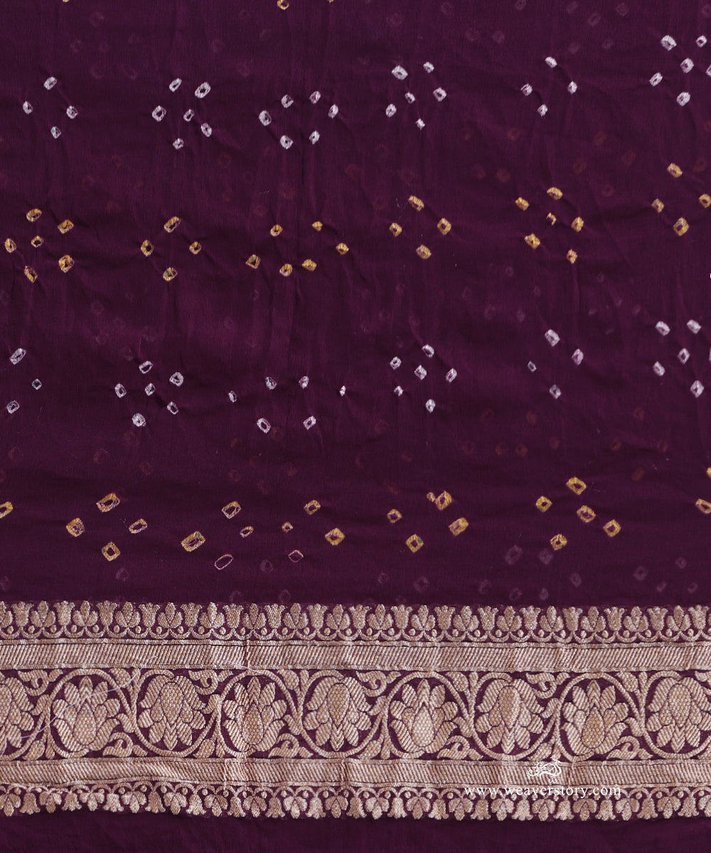 Wine_Handloom_Pure_Georgette_Banarasi_Bandhej_Saree_With_Floral_Checkered_Zari_WeaverStory_04