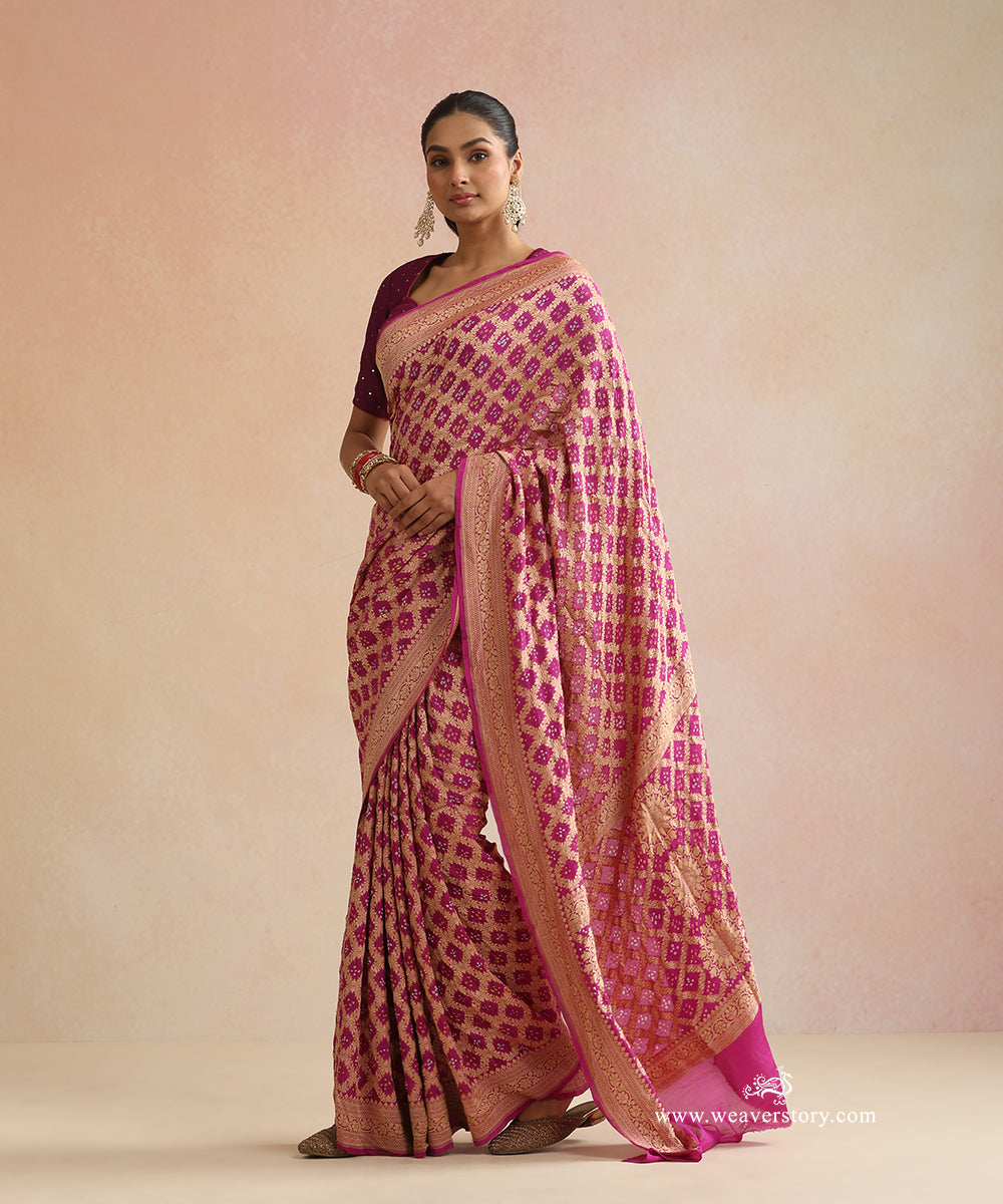 Plum_Handloom_Pure_Georgette_Banarasi_Bandhej_Saree_With_Checkered_Zari_WeaverStory_01