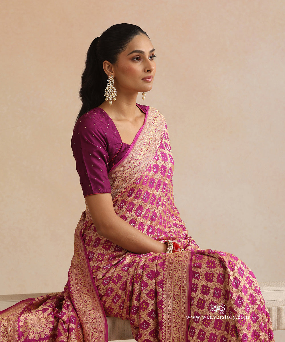Plum_Handloom_Pure_Georgette_Banarasi_Bandhej_Saree_With_Checkered_Zari_WeaverStory_02