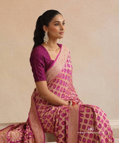 Plum_Handloom_Pure_Georgette_Banarasi_Bandhej_Saree_With_Checkered_Zari_WeaverStory_02