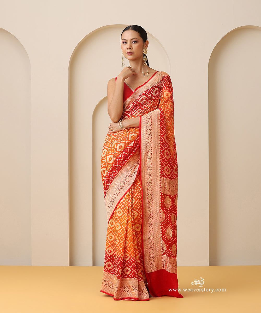 Red_And_Orange_Shaded_Handloom_Pure_Georgette_Banarasi_Bandhej_Saree_With_Leaf_Motifs_WeaverStory_01