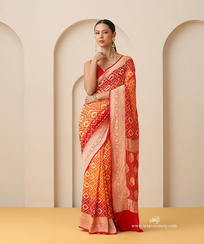 Red_And_Orange_Shaded_Handloom_Pure_Georgette_Banarasi_Bandhej_Saree_With_Leaf_Motifs_WeaverStory_01