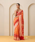 Red_And_Orange_Shaded_Handloom_Pure_Georgette_Banarasi_Bandhej_Saree_With_Leaf_Motifs_WeaverStory_01