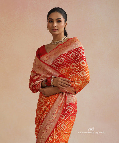 Red_And_Orange_Shaded_Handloom_Pure_Georgette_Banarasi_Bandhej_Saree_WeaverStory_02