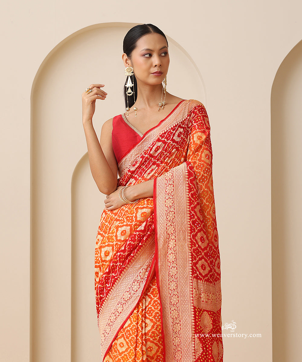 Red_And_Orange_Shaded_Handloom_Pure_Georgette_Banarasi_Bandhej_Saree_With_Leaf_Motifs_WeaverStory_02