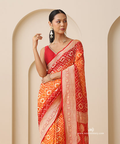 Red_And_Orange_Shaded_Handloom_Pure_Georgette_Banarasi_Bandhej_Saree_With_Leaf_Motifs_WeaverStory_02