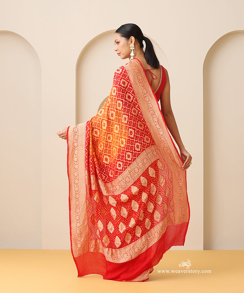 Red_And_Orange_Shaded_Handloom_Pure_Georgette_Banarasi_Bandhej_Saree_With_Leaf_Motifs_WeaverStory_03