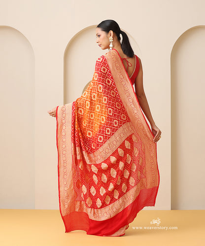 Red_And_Orange_Shaded_Handloom_Pure_Georgette_Banarasi_Bandhej_Saree_With_Leaf_Motifs_WeaverStory_03