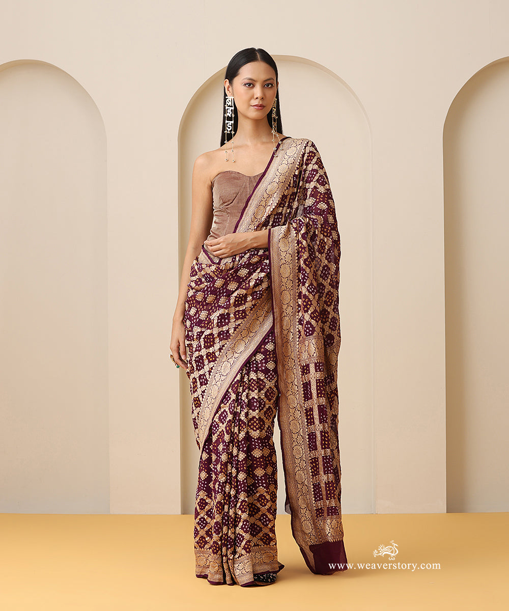 Purple_Handloom_Pure_Georgette_Banarasi_Bandhej_Saree_With_Traditional_Zari_Border_WeaverStory_01