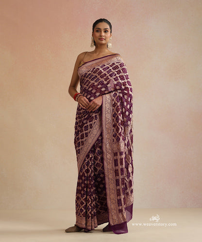 Purple_Handloom_Pure_Georgette_Banarasi_Bandhej_Saree_With_Floral_Checkered_Zari_WeaverStory_01
