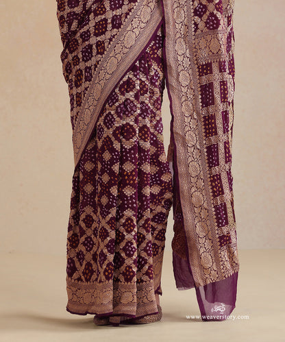 Purple_Handloom_Pure_Georgette_Banarasi_Bandhej_Saree_With_Floral_Checkered_Zari_WeaverStory_04