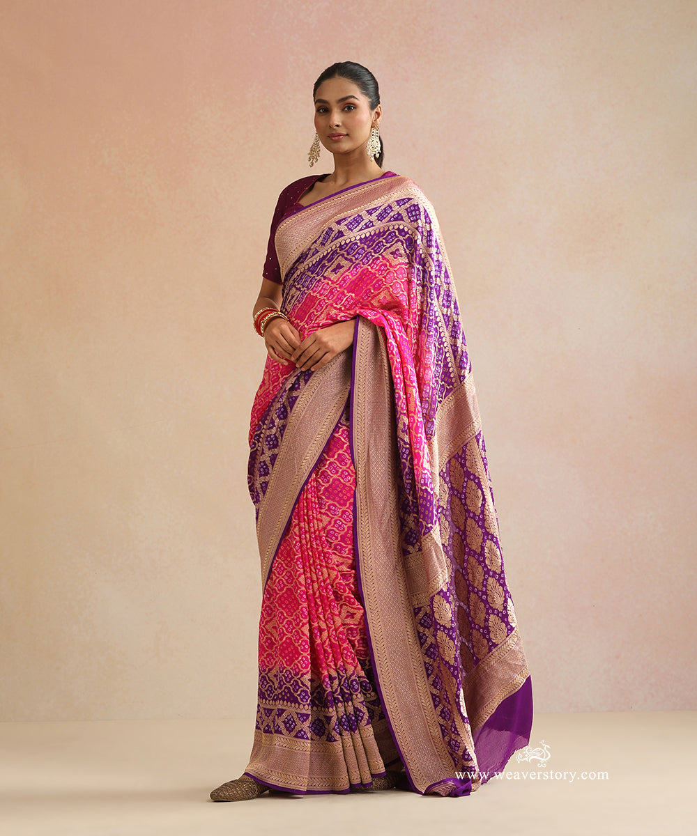 Purple_And_Pink_Shaded_Handloom_Pure_Georgette_Banarasi_Bandhej_Saree_WeaverStory_01