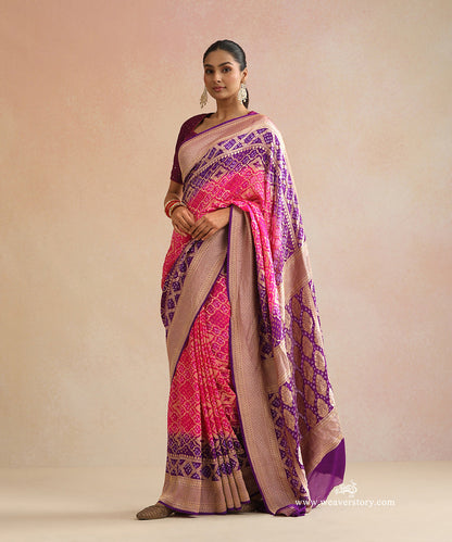 Purple_And_Pink_Shaded_Handloom_Pure_Georgette_Banarasi_Bandhej_Saree_WeaverStory_01