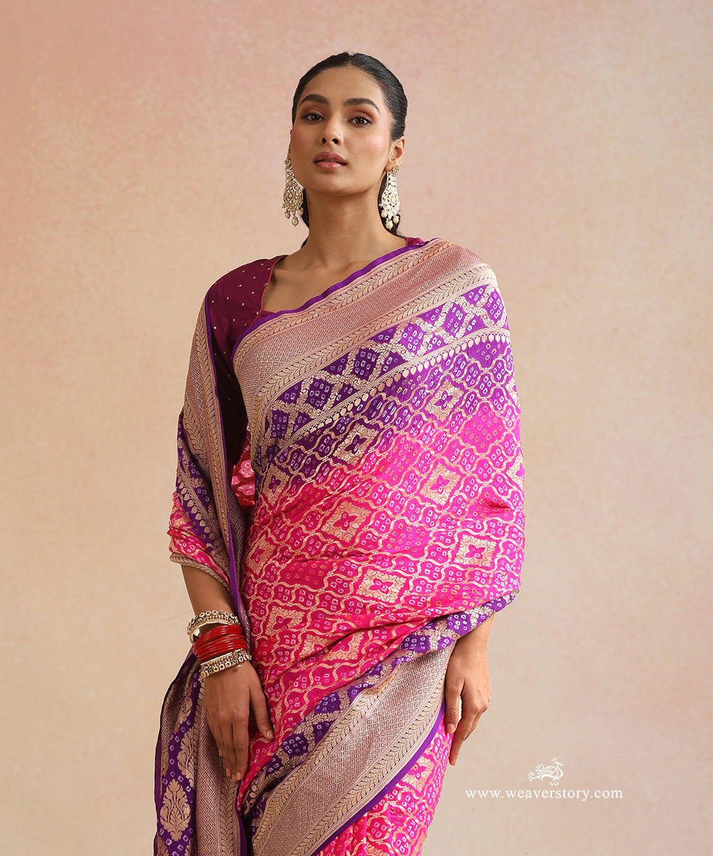 Purple_And_Pink_Shaded_Handloom_Pure_Georgette_Banarasi_Bandhej_Saree_WeaverStory_02